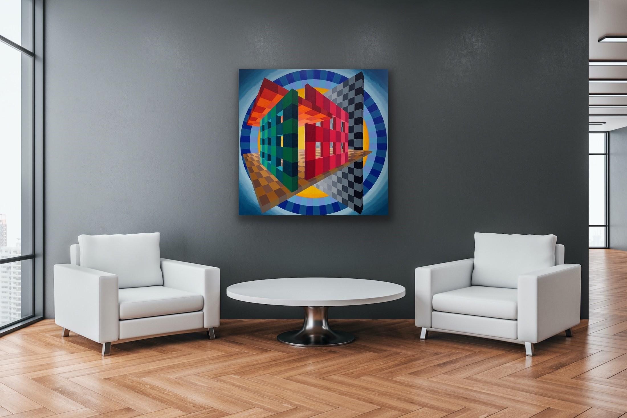 Block Sculpture with Blue Halo, hard-edged, Colorful Geometric, 40 x 40 , framed - Abstract Geometric Painting by Stanley Brundage