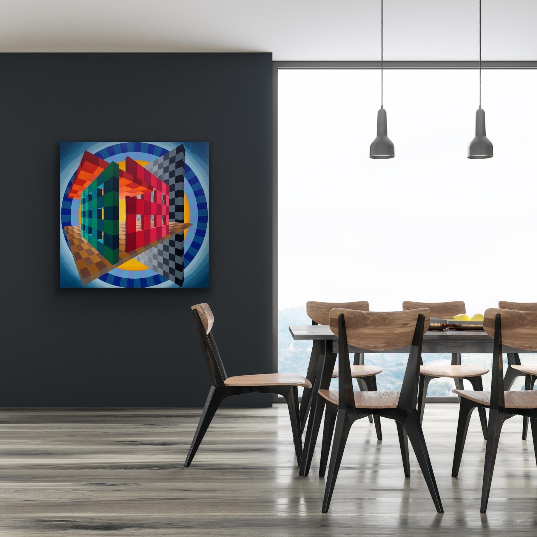 Block Sculpture with Blue Halo, hard-edged, Colorful Geometric, 40 x 40 , framed - Black Abstract Painting by Stanley Brundage