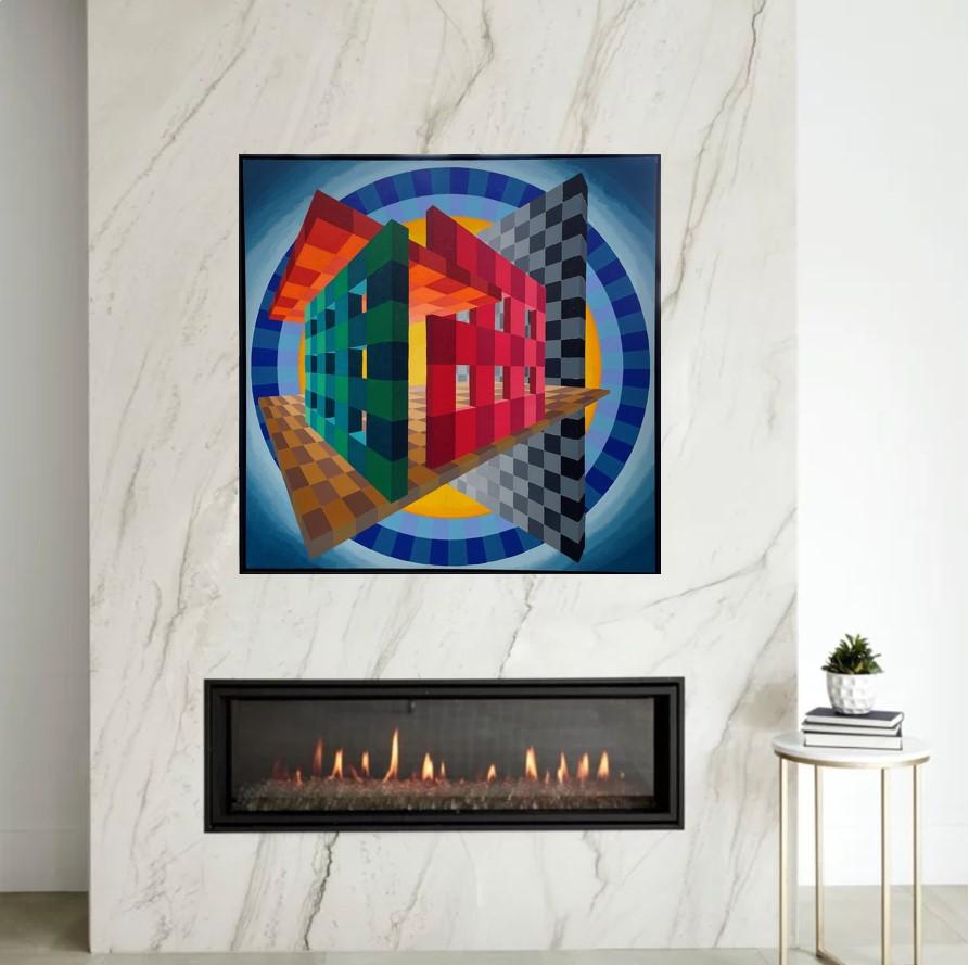 Block Sculpture with Blue Halo, hard-edged, Colorful Geometric, 40 x 40 , framed - Painting by Stanley Brundage