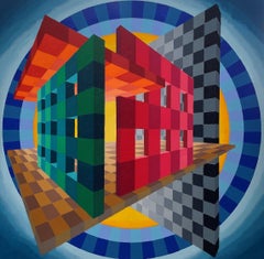 Escultura en bloque con halo azul, de bordes duros, geométrica de colores, 40 x 40 , enmarcada