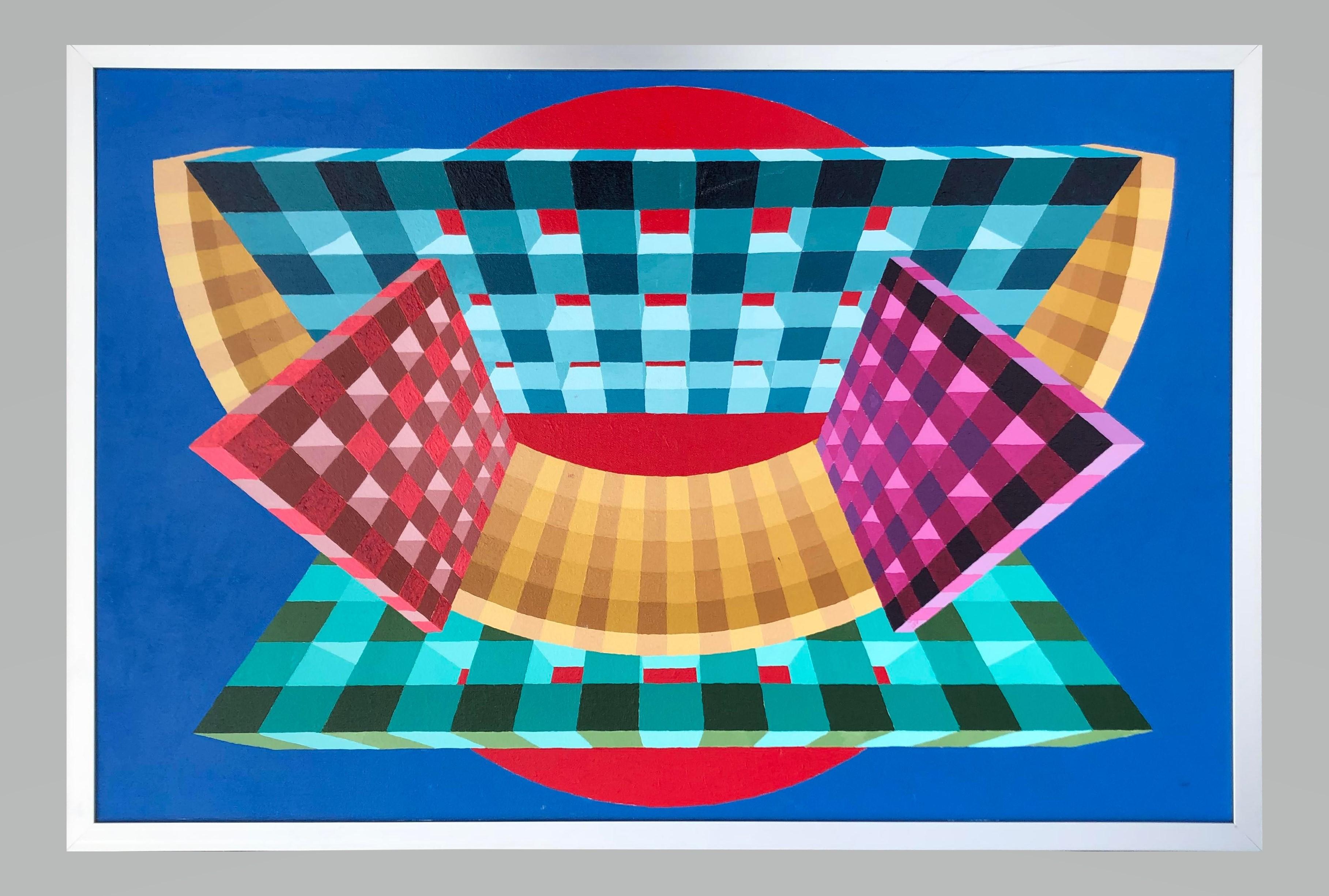 Scultura a blocchi multicolore e disco rosso -- Fai un'offerta! - Abstract Painting Grigio di Stanley Brundage
