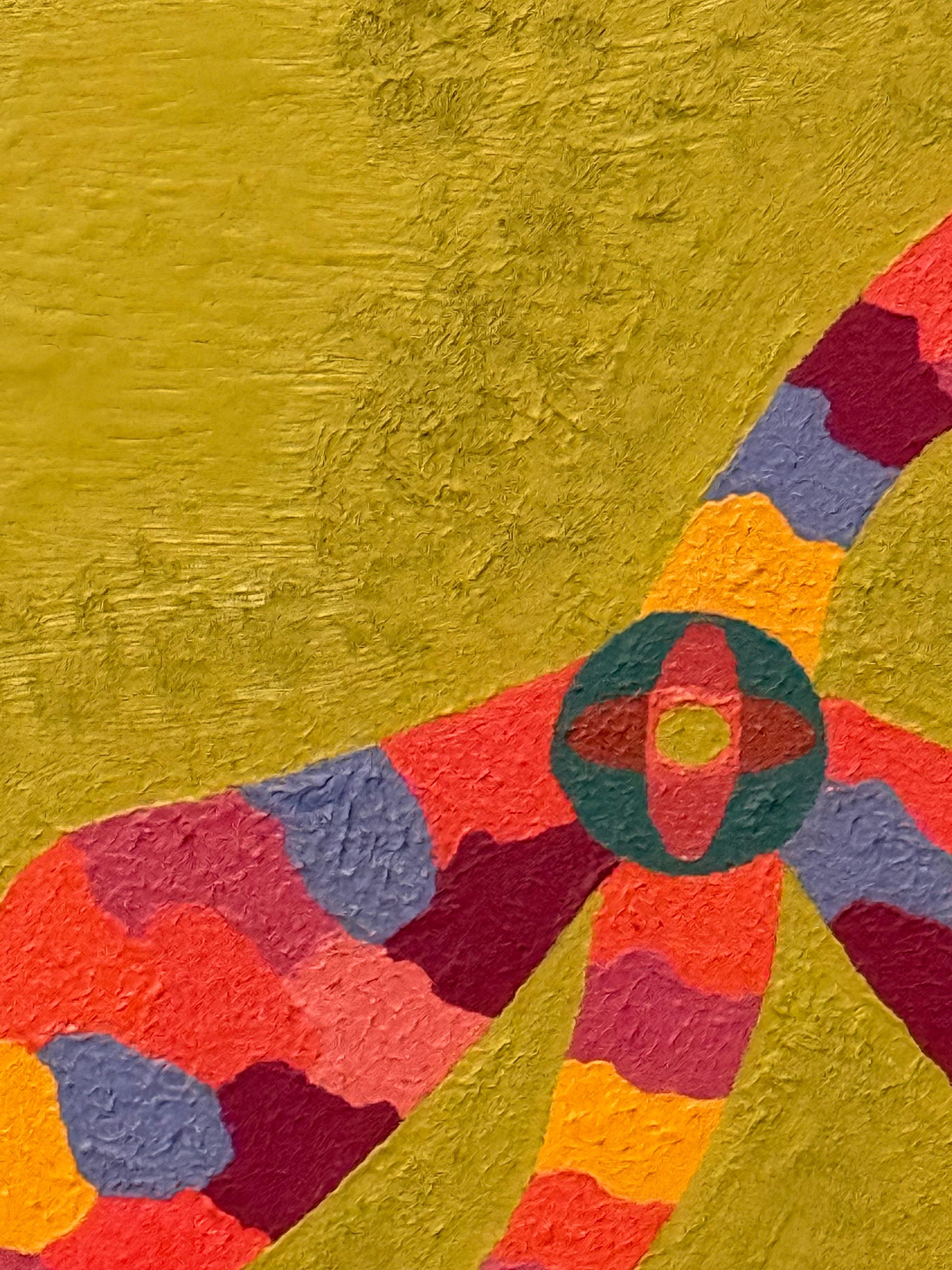 Cette œuvre juxtapose deux figures biomorphiques, l'une suspendue dans un champ bleu sarcelle, l'autre ancrée dans un vert olive, toutes deux rendues dans la mosaïque de couleurs caractéristique de Tschopp. Les figures, composées de taches de rouge,