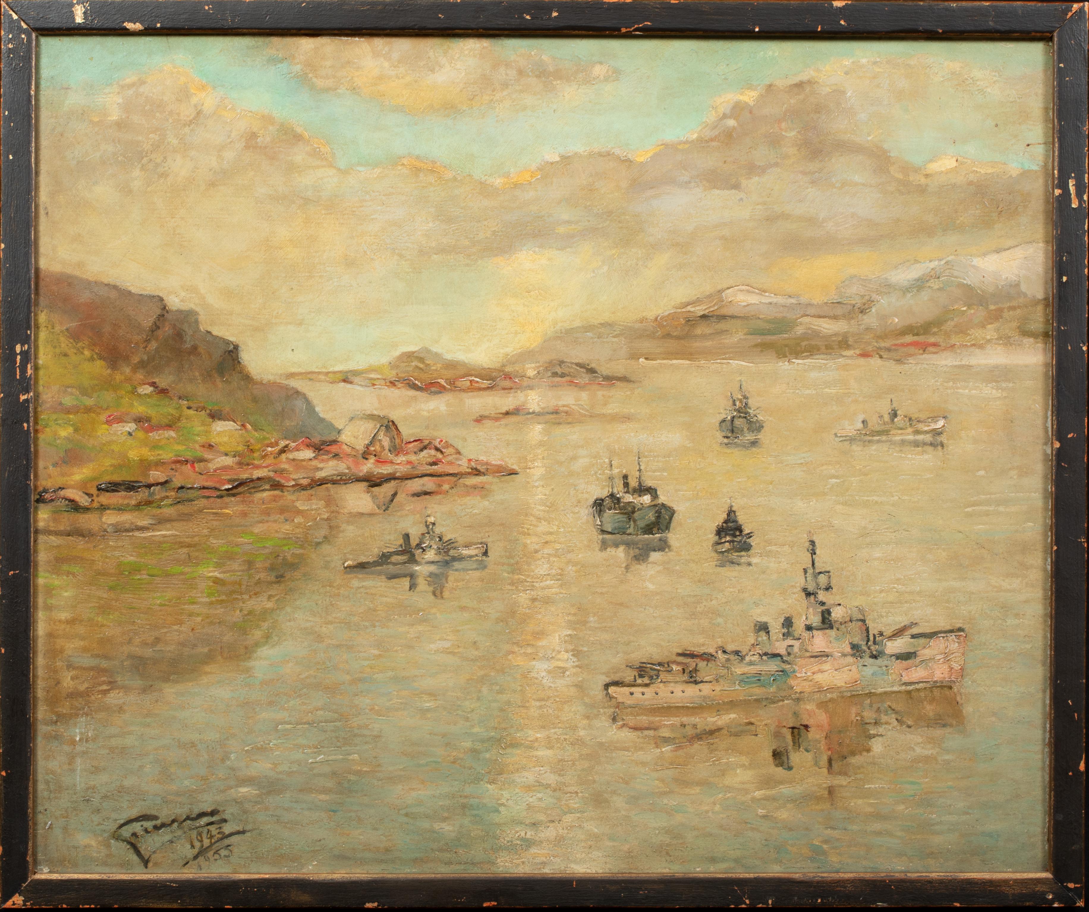 Assembling Convoy P.Q. Hval Fiord, Iceland, dated 1943 - Painting by Stanley Grimm