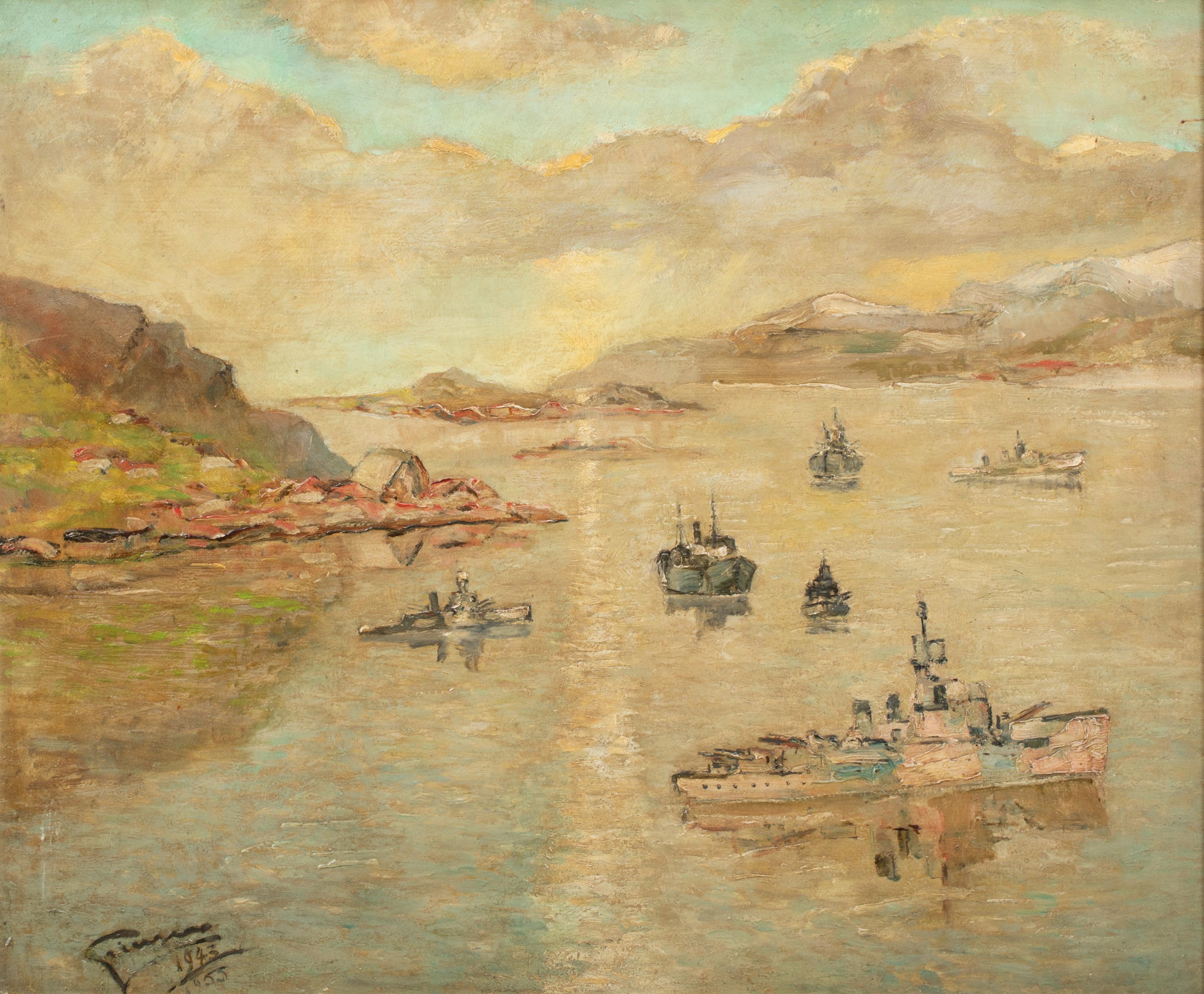 Stanley Grimm Landscape Painting - Assembling Convoy P.Q. Hval Fiord, Iceland, dated 1943