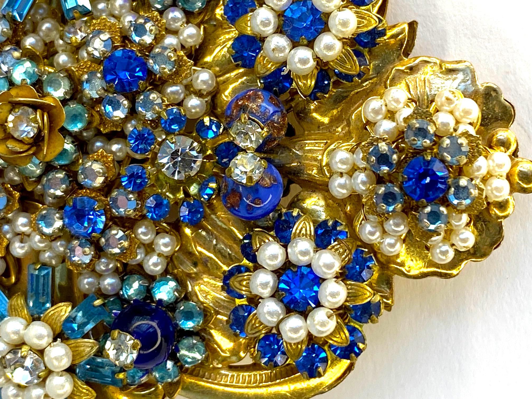 Stanley Hagler Gold,  Pearl & Blue Rhinestone Art Nouveau Style Brooch 3