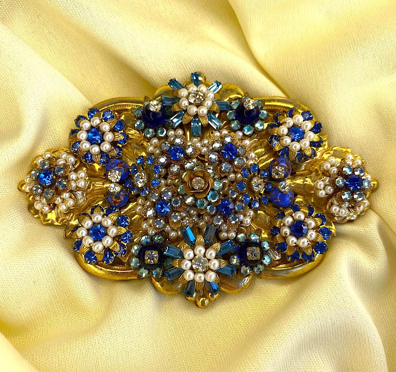Stanley Hagler Gold,  Pearl & Blue Rhinestone Art Nouveau Style Brooch 5