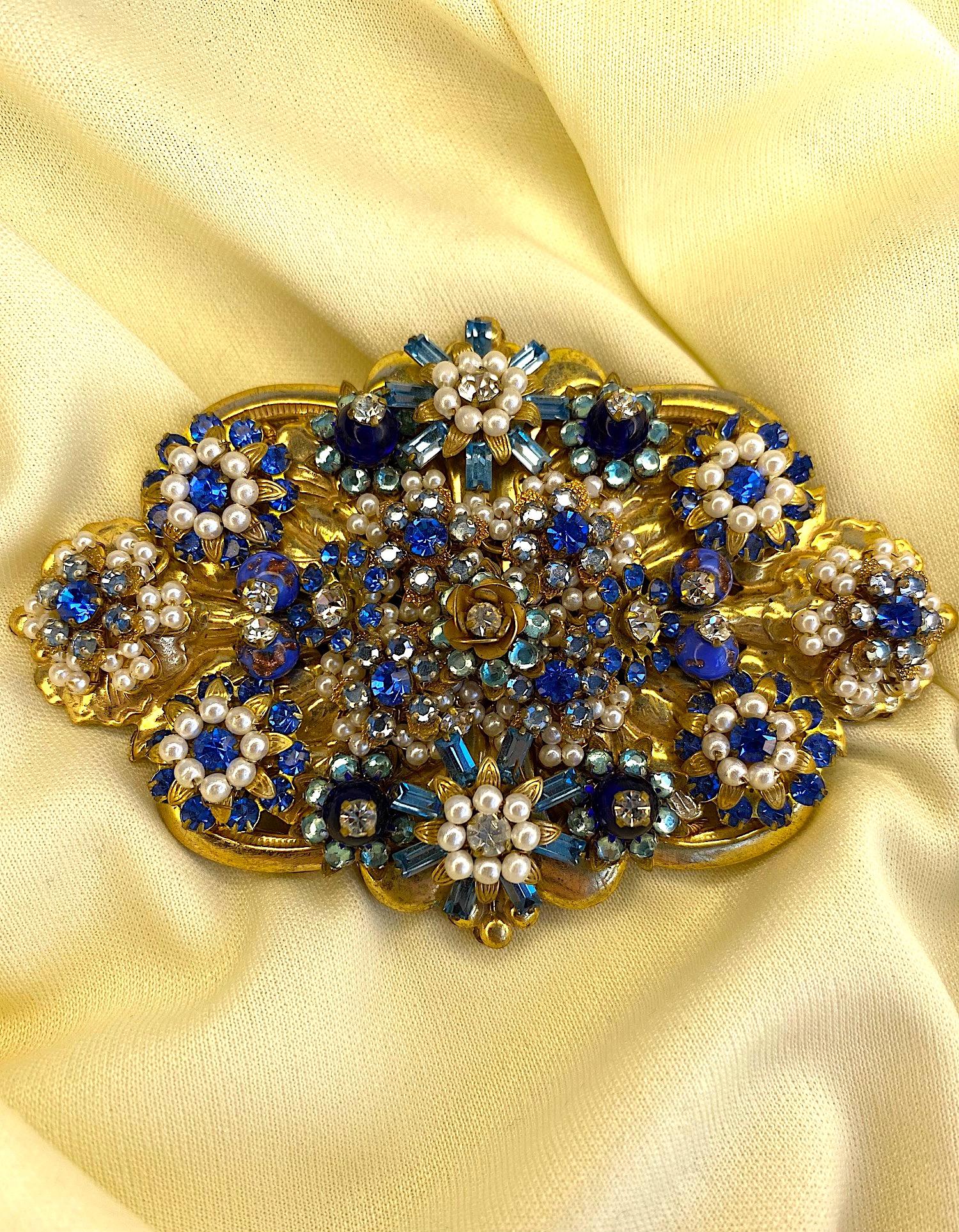 Stanley Hagler Gold,  Pearl & Blue Rhinestone Art Nouveau Style Brooch 6