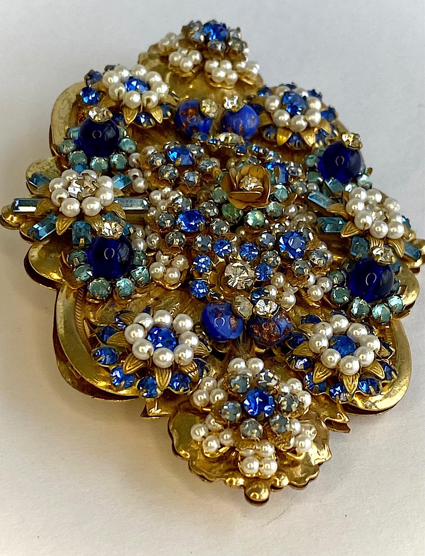 Stanley Hagler Gold,  Pearl & Blue Rhinestone Art Nouveau Style Brooch 1
