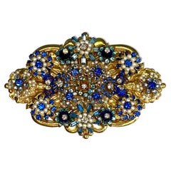 Stanley Hagler Gold,  Pearl & Blue Rhinestone Art Nouveau Style Brooch