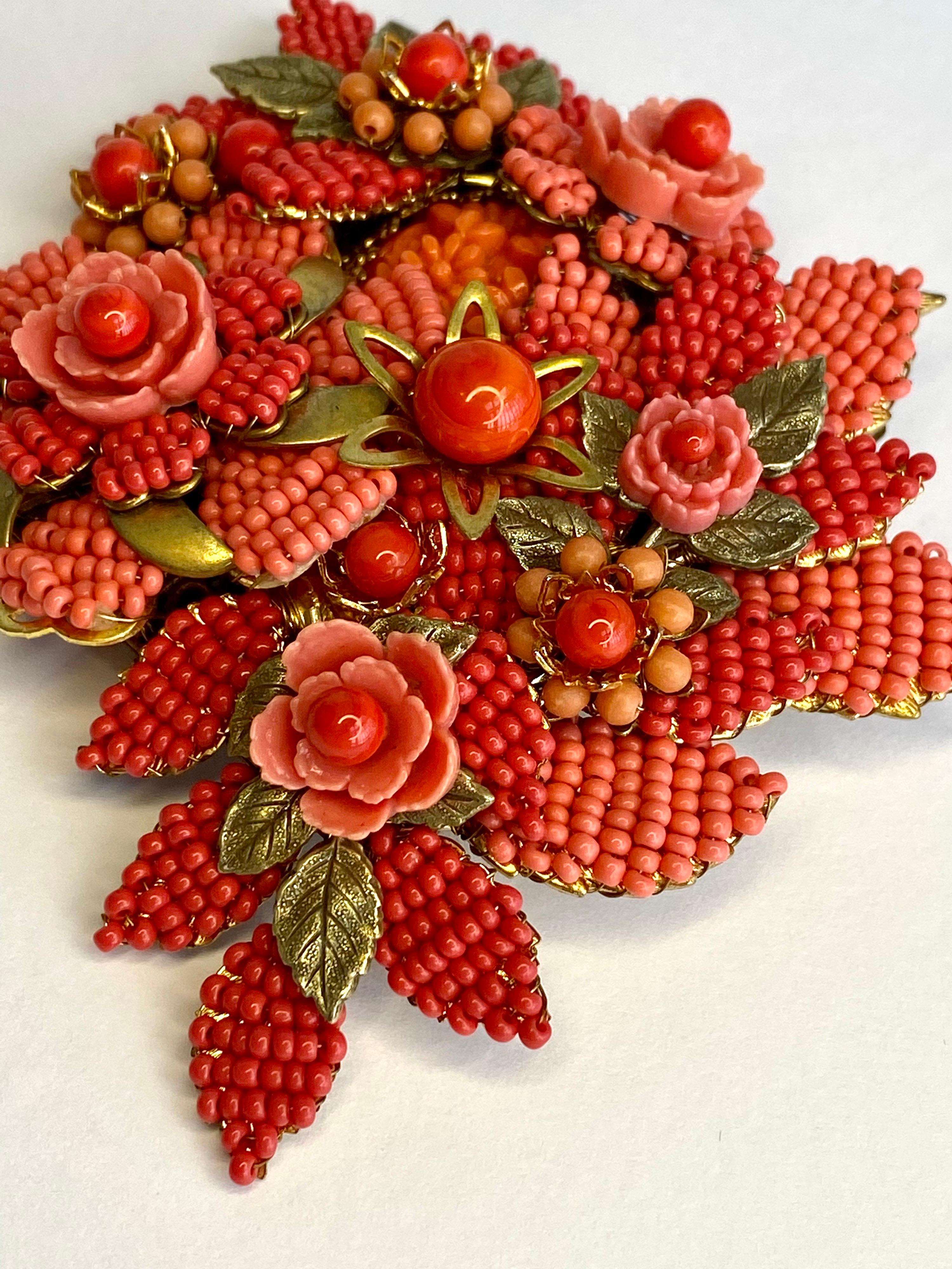 Stanley Hagler Large Coral Glass Bead Floral Brooch      YES 6