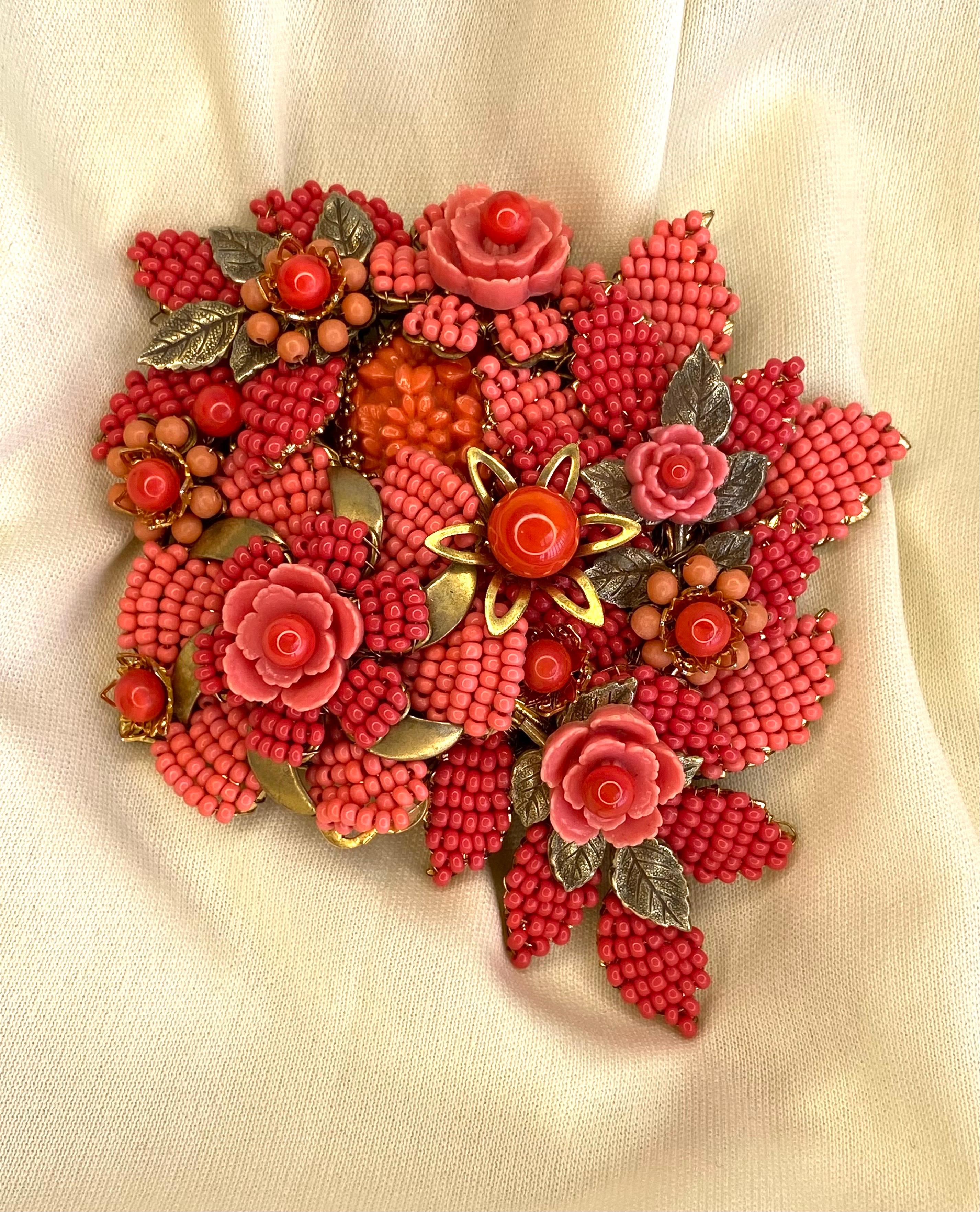 Stanley Hagler Large Coral Glass Bead Floral Brooch      YES In Excellent Condition In New York, NY