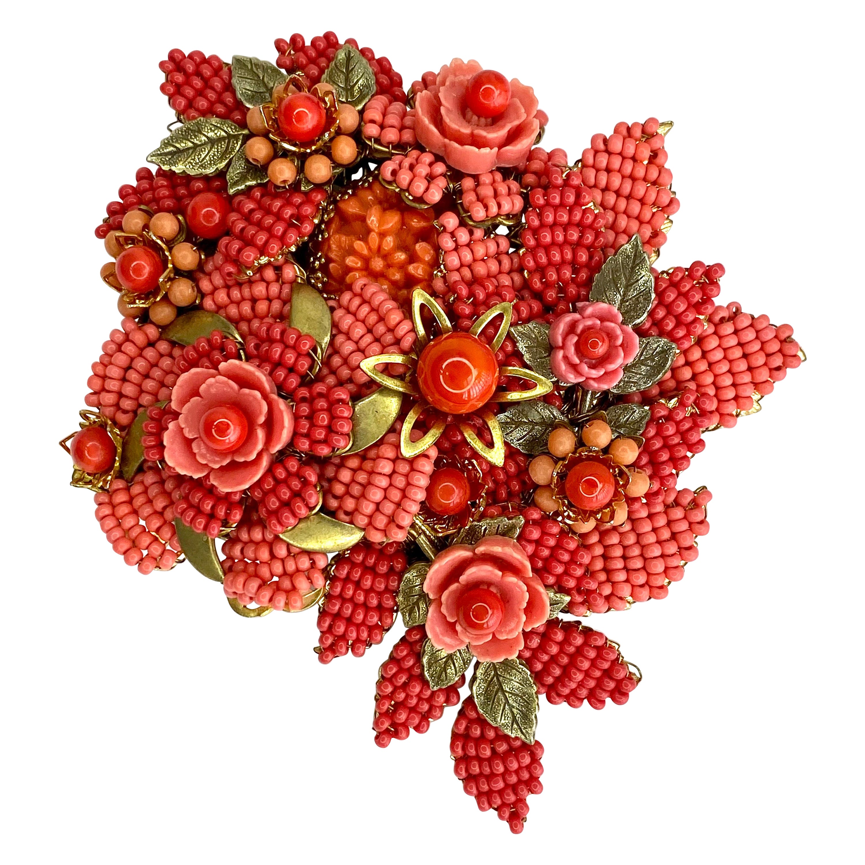 Stanley Hagler Large Coral Glass Bead Floral Brooch      YES