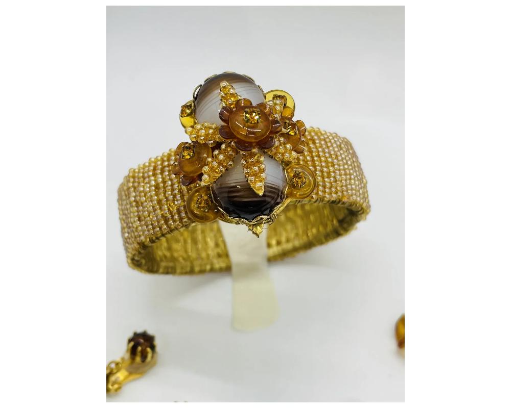 STANLEY HAGLER NYC Messing Tigerauge Glastropfen Perlenkette Armband und Ohrring (Viktorianisch) im Angebot