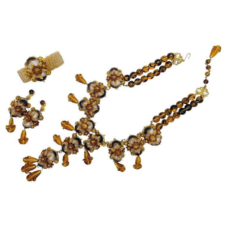 STANLEY HAGLER NYC Brass Tiger Eye Glass Drops Beaded Necklace Bracelet and Earr For Sale