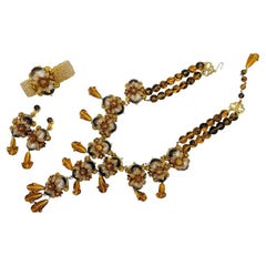 Vintage STANLEY HAGLER NYC Brass Tiger Eye Glass Drops Beaded Necklace Bracelet and Earr