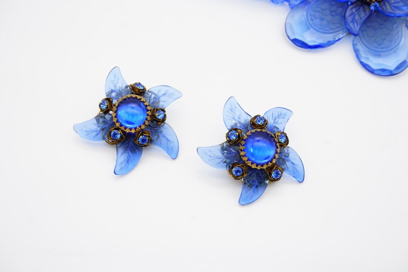 Stanley Hagler Vintage 5 Five Strands Large Navy Flower Necklace Earrings Set For Sale 7