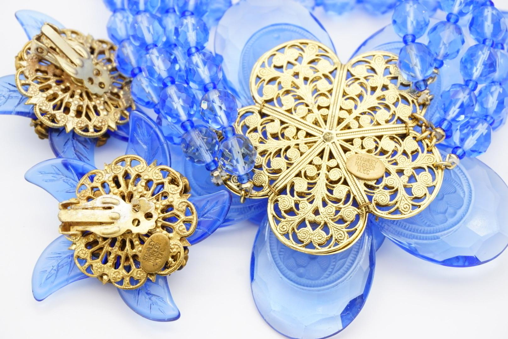 Stanley Hagler Vintage 5 Five Strands Large Navy Flower Necklace Earrings Set For Sale 10