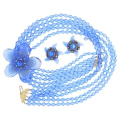 Stanley Hagler Vintage 5 Five Strands Large Navy Flower Necklace Earrings Set