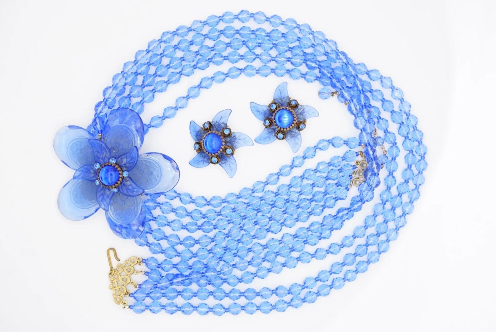 Stanley Hagler Vintage 5 Five Strands Large Navy Flower Necklace Earrings Set For Sale 15