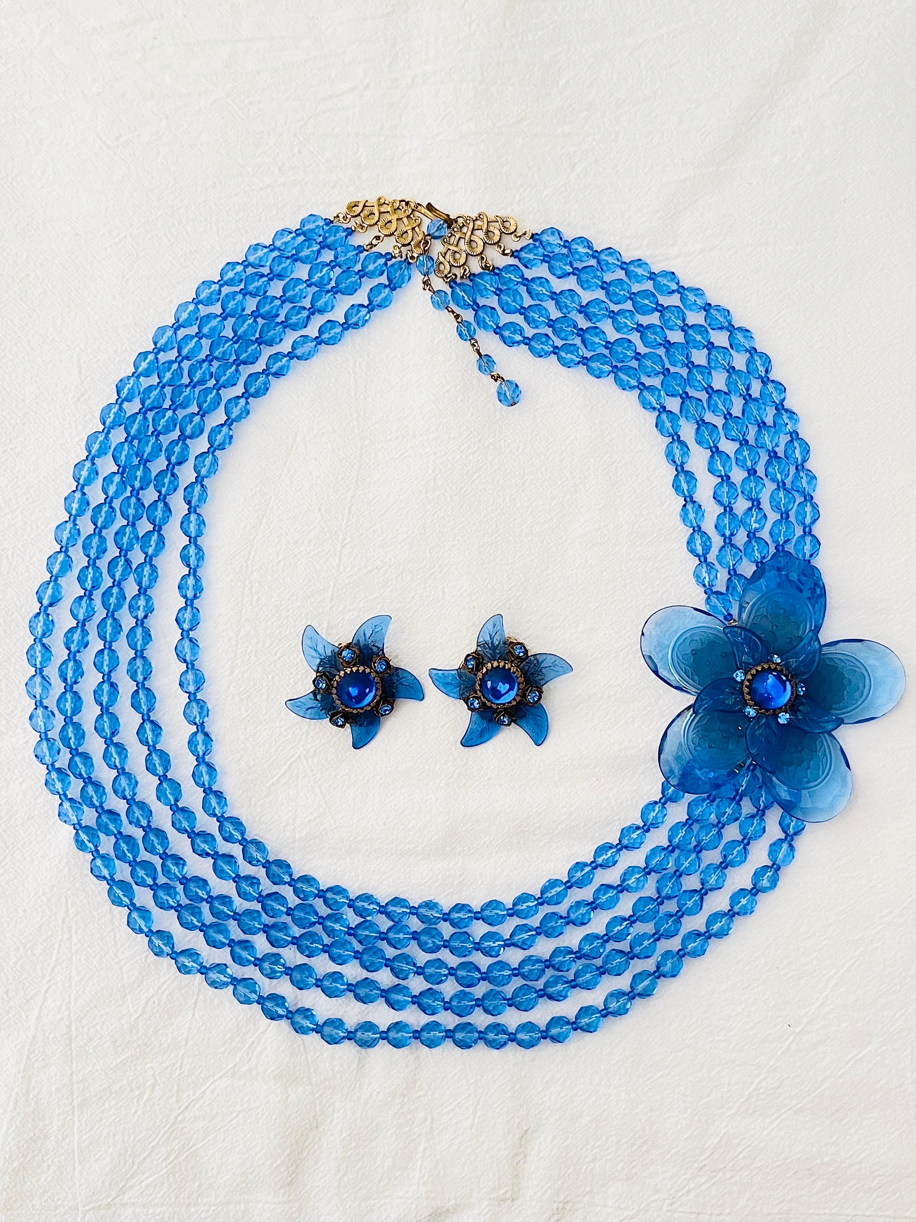 Stanley Hagler Vintage 5 Fünfstrangige große marineblaue Blumen-Halskette-Ohrringe Set (Art déco) im Angebot
