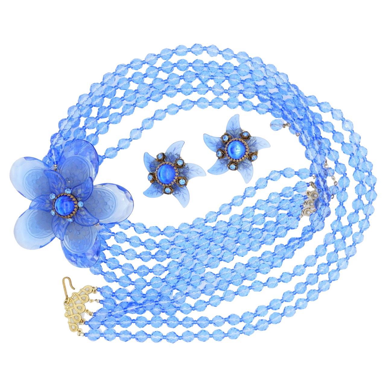 Stanley Hagler Vintage 5 Fünfstrangige große marineblaue Blumen-Halskette-Ohrringe Set im Angebot