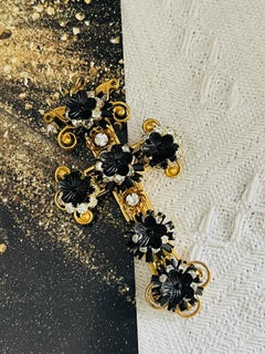 Stanley Hagler Vintage Baroque Gothic Large Cross Black Flower Crystals Pendant
