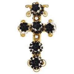 Stanley Hagler Vintage Baroque Gothic Large Cross Black Flower Crystals Pendant