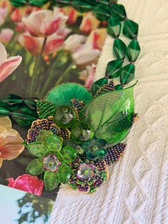 Stanley Hagler Vintage Green Purple Crystals Leaf Flower Layers Chunky Necklace