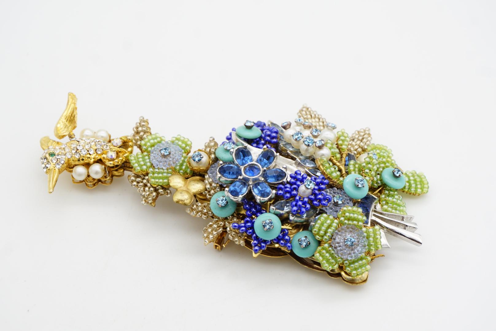 Stanley Hagler Vintage Colibrí Enorme Flor Cristales Azul Verde Perla Broche en venta 5