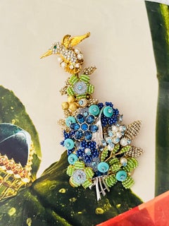 Stanley Hagler Vintage Hummingbird Huge Flower Crystals Blue Green Pearl Brooch