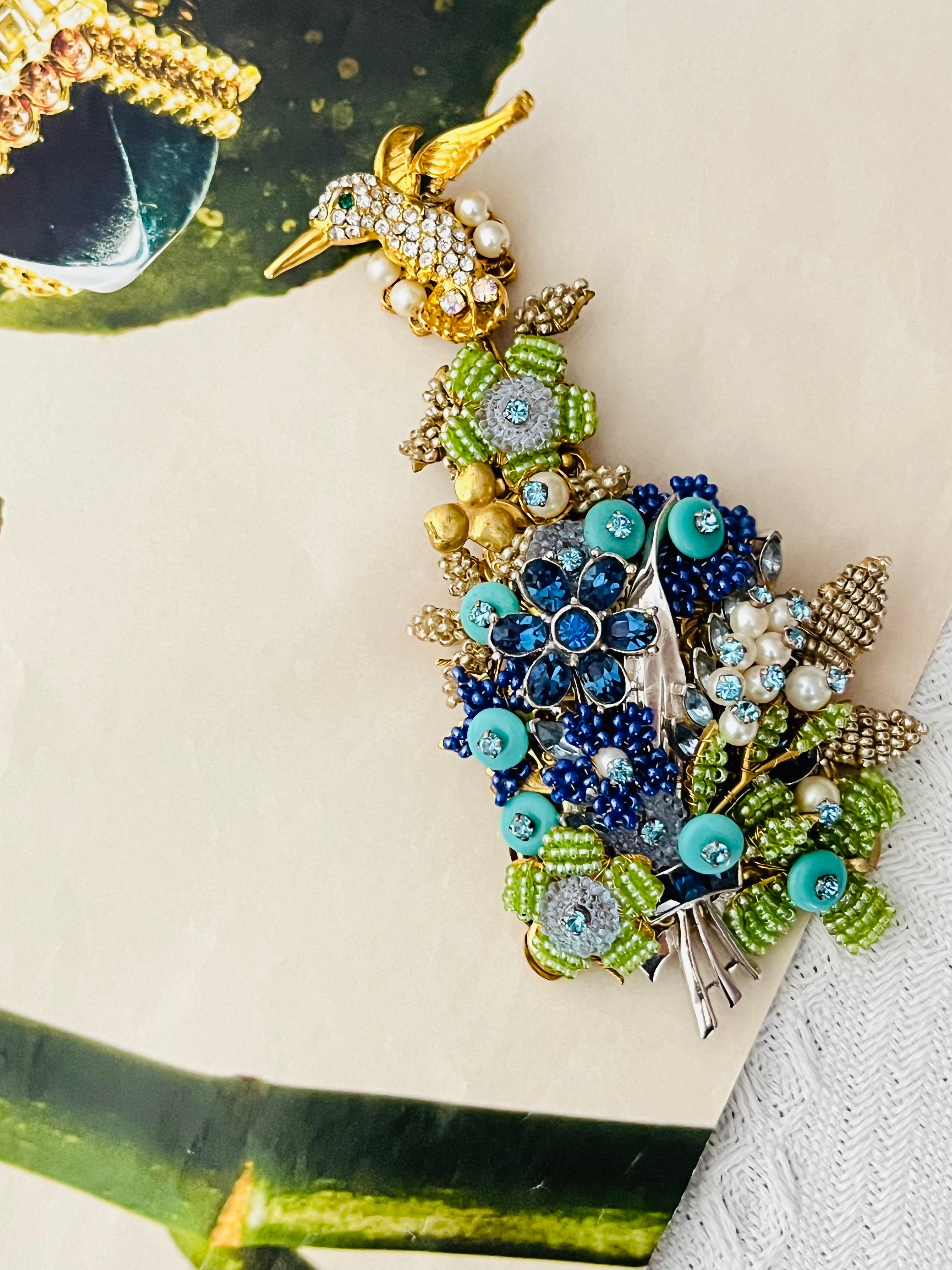 Stanley Hagler Vintage Colibrí Enorme Flor Cristales Azul Verde Perla Broche Art Decó en venta