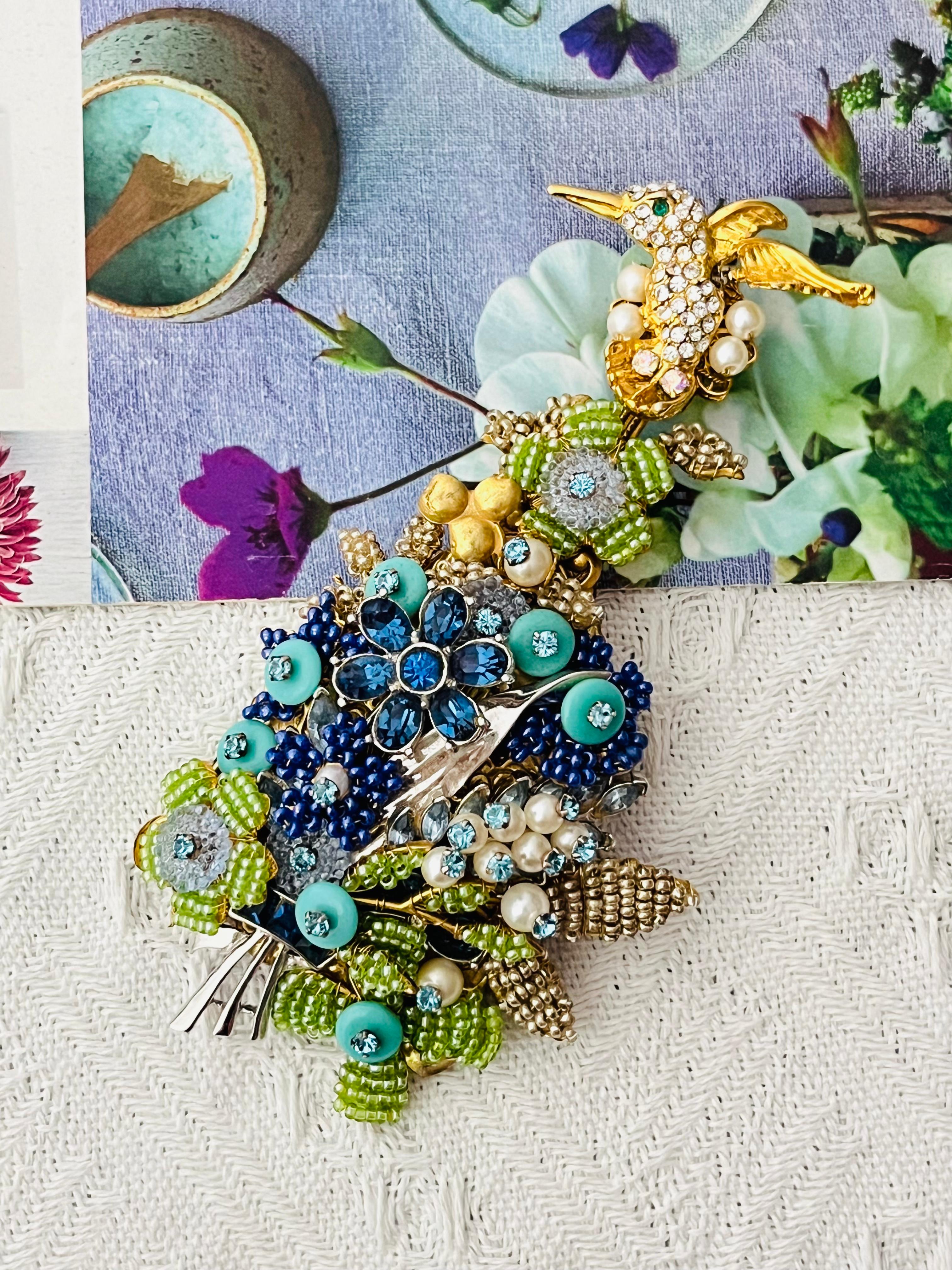 Stanley Hagler Vintage Colibrí Enorme Flor Cristales Azul Verde Perla Broche en Excelente estado para la venta en Wokingham, England