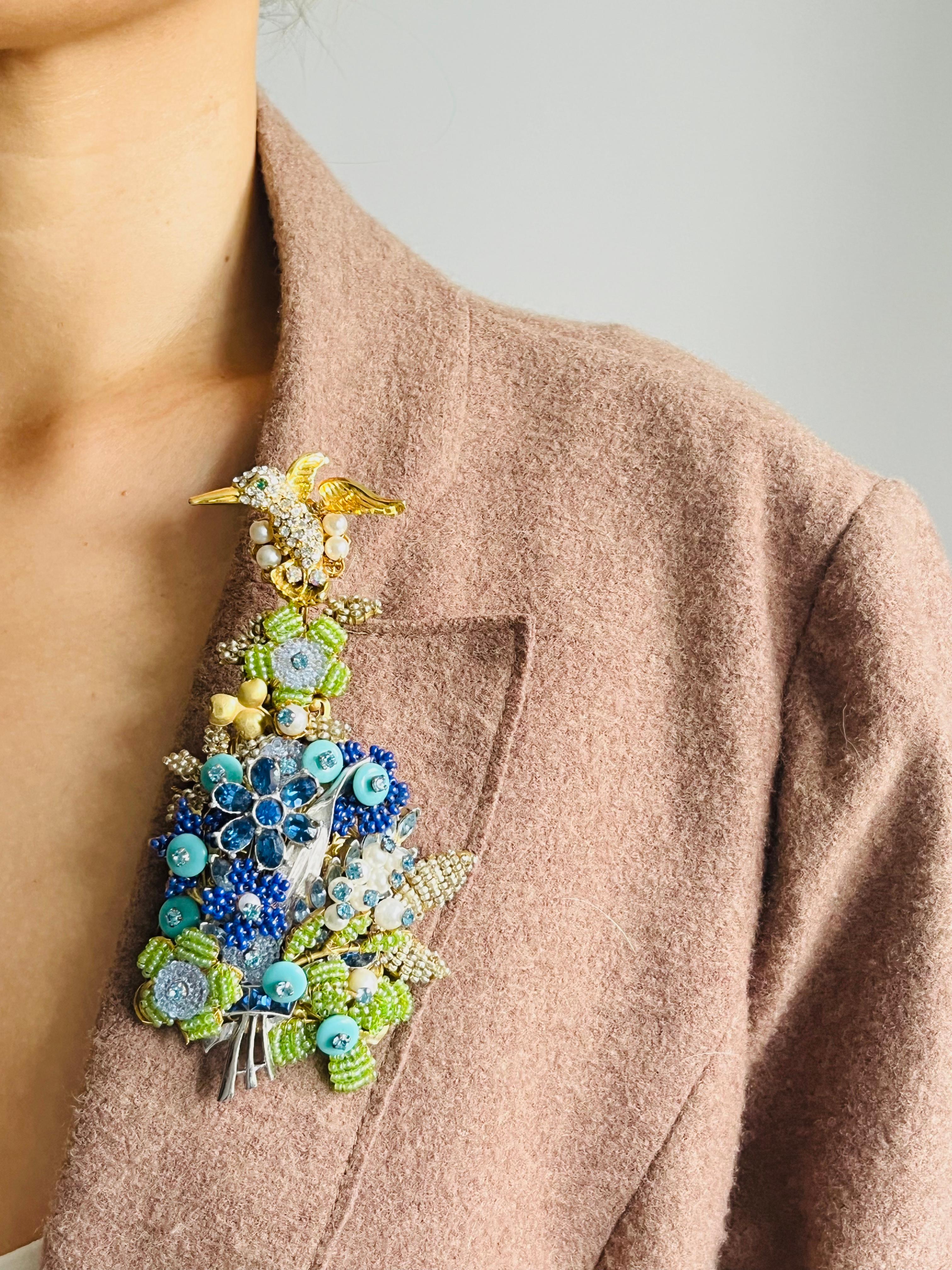 Femenino o masculino Stanley Hagler Vintage Colibrí Enorme Flor Cristales Azul Verde Perla Broche en venta