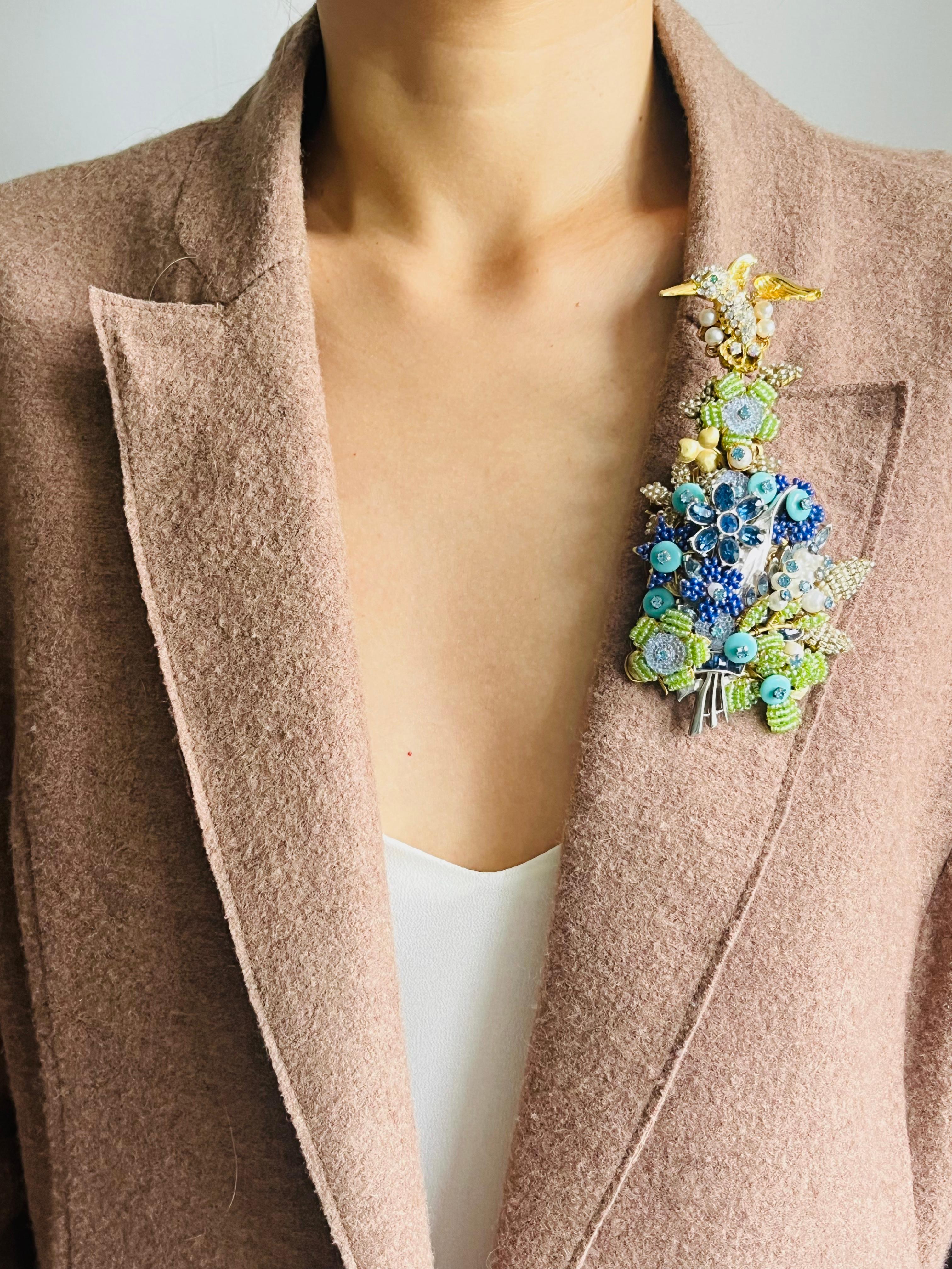 Stanley Hagler Vintage Colibrí Enorme Flor Cristales Azul Verde Perla Broche en venta 1