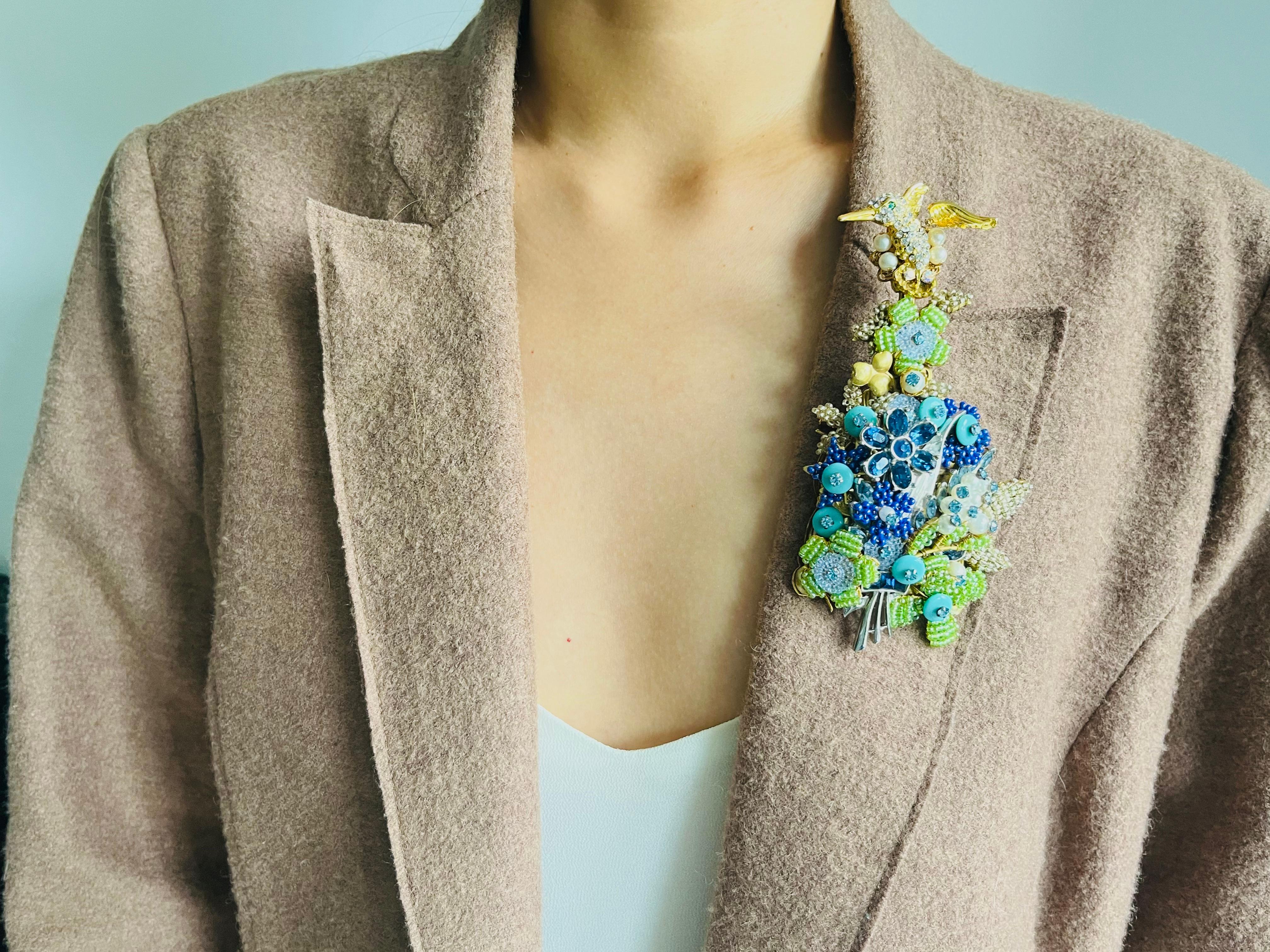 Stanley Hagler Vintage Colibrí Enorme Flor Cristales Azul Verde Perla Broche en venta 2