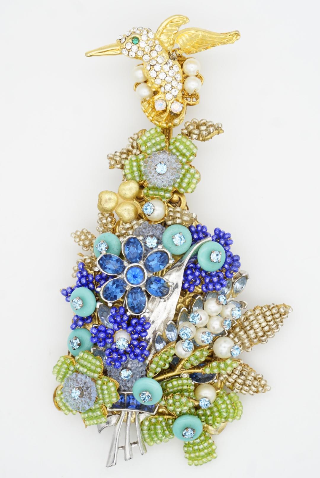 Stanley Hagler Vintage Colibrí Enorme Flor Cristales Azul Verde Perla Broche en venta 3