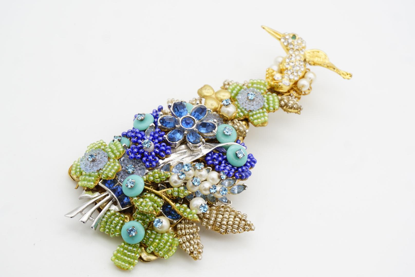 Stanley Hagler Vintage Colibrí Enorme Flor Cristales Azul Verde Perla Broche en venta 4