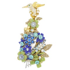 Stanley Hagler Vintage Hummingbird Huge Pearls Blue Green Flower Crystals Brooch
