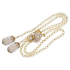 Stanley Hagler Vintage Long White Pearls Fruit Grape Leaf Lariat Necklace Belt