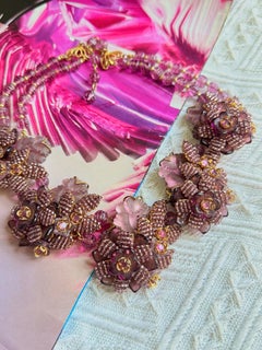 Stanley Hagler Vintage Purple Crystals Flower Double Layer Bib Chunky Necklace
