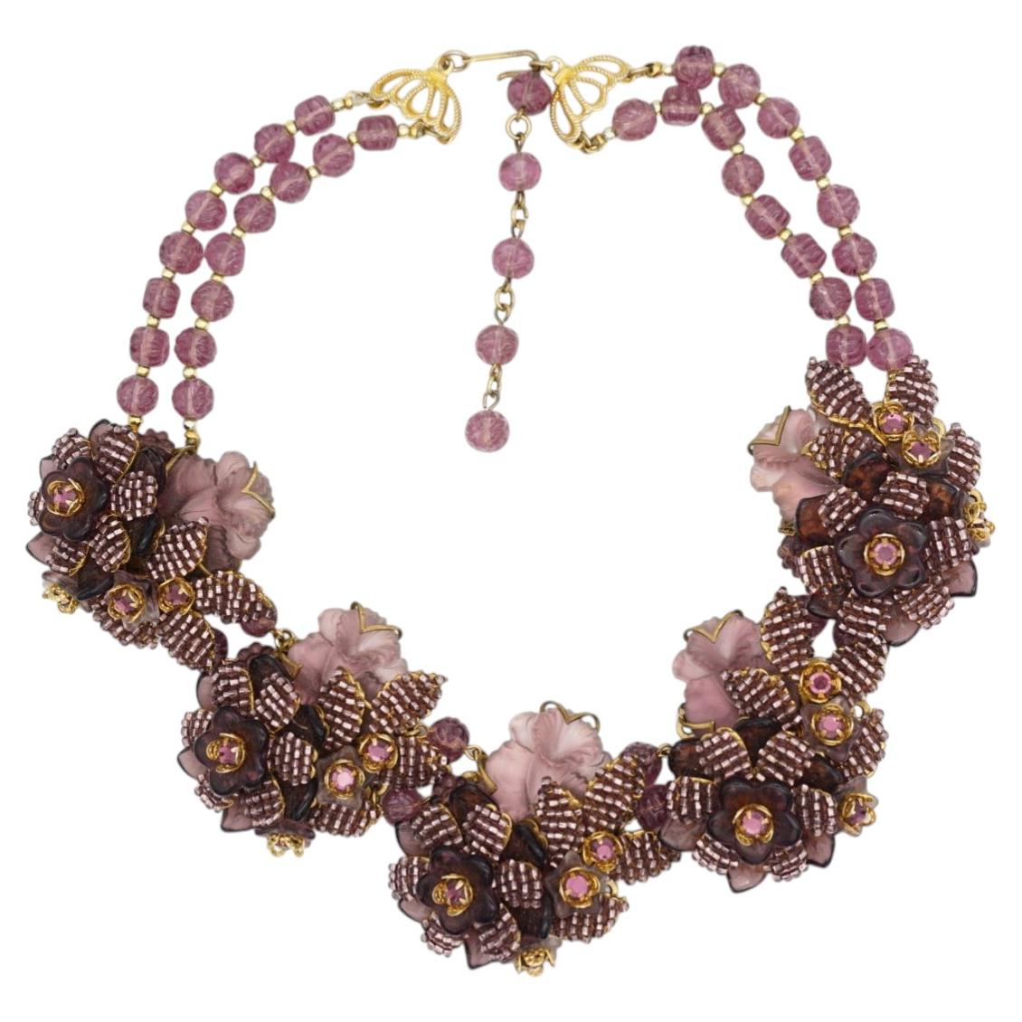 Stanley Hagler Vintage Púrpura Cristales Flor Doble Capa Babero Collar Chunky en venta