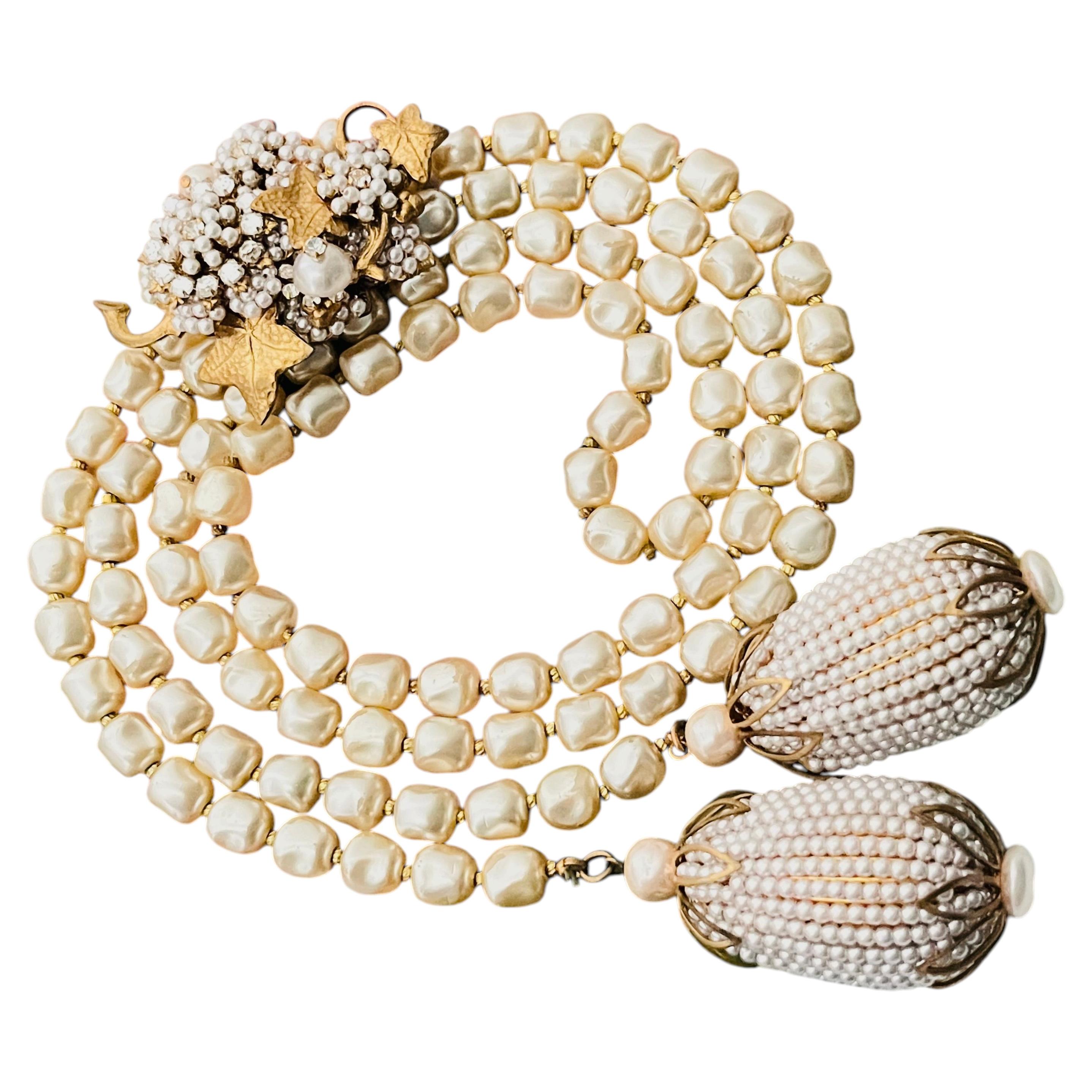 Stanley Hagler : Collier-ceinture long de type « lariat » vintage, orné de perles en forme de feuilles de vigne et de fruits rares