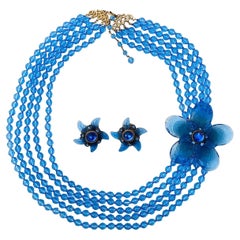 Stanley Hagler Vintage Sapphire 5 Five Strands Large Navy Beads Flower 2 Set