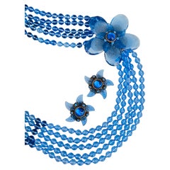 Stanley Hagler Vintage, saphirblau, fünf Stränge, große marineblaue Perlen, Blumenmotiv, 2er-Set