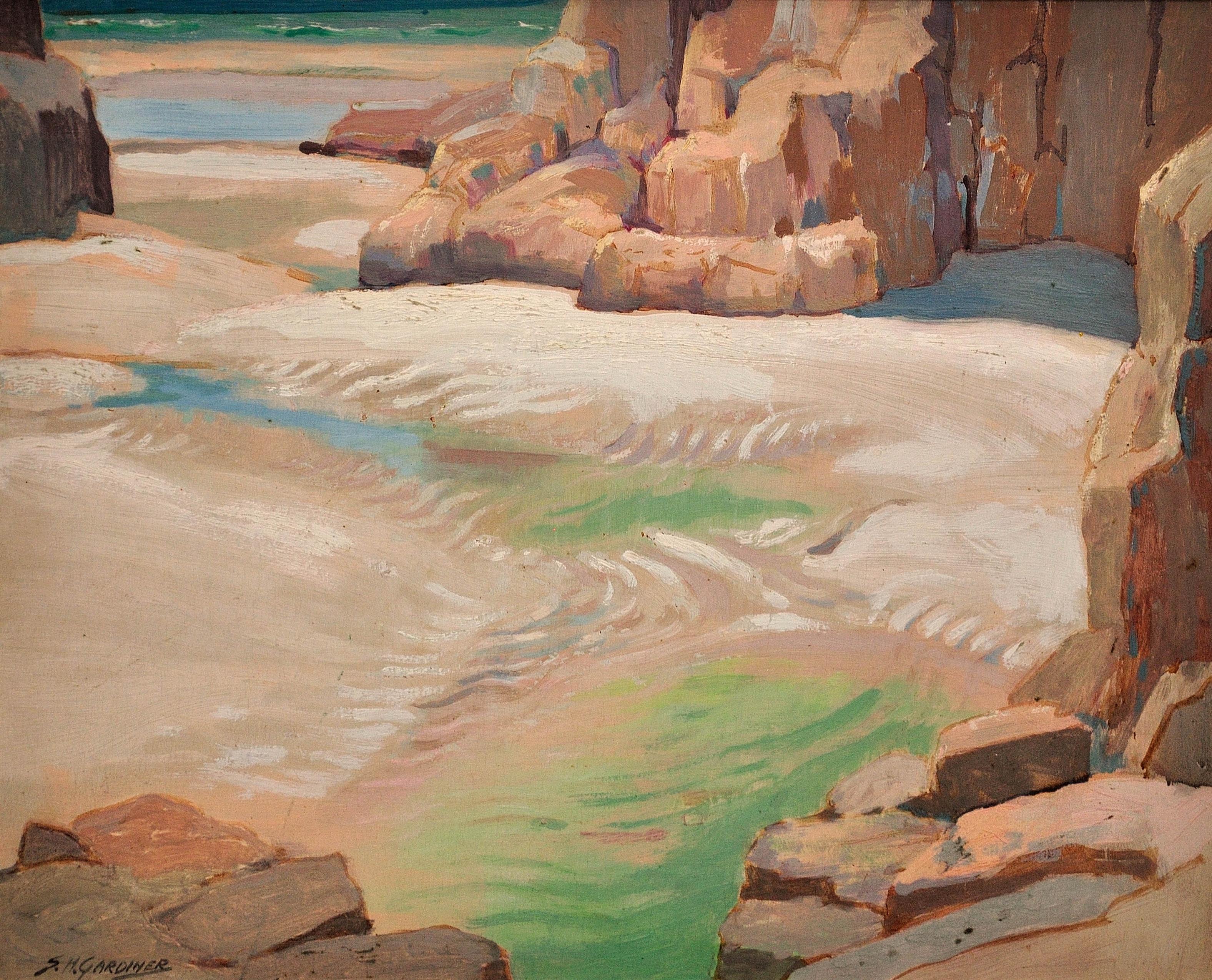 Tide Pools, Porthcurno Beach, Cornwall. Lamorna Valley Colony. Cornish Plein Air - Painting by Stanley Horace Gardiner