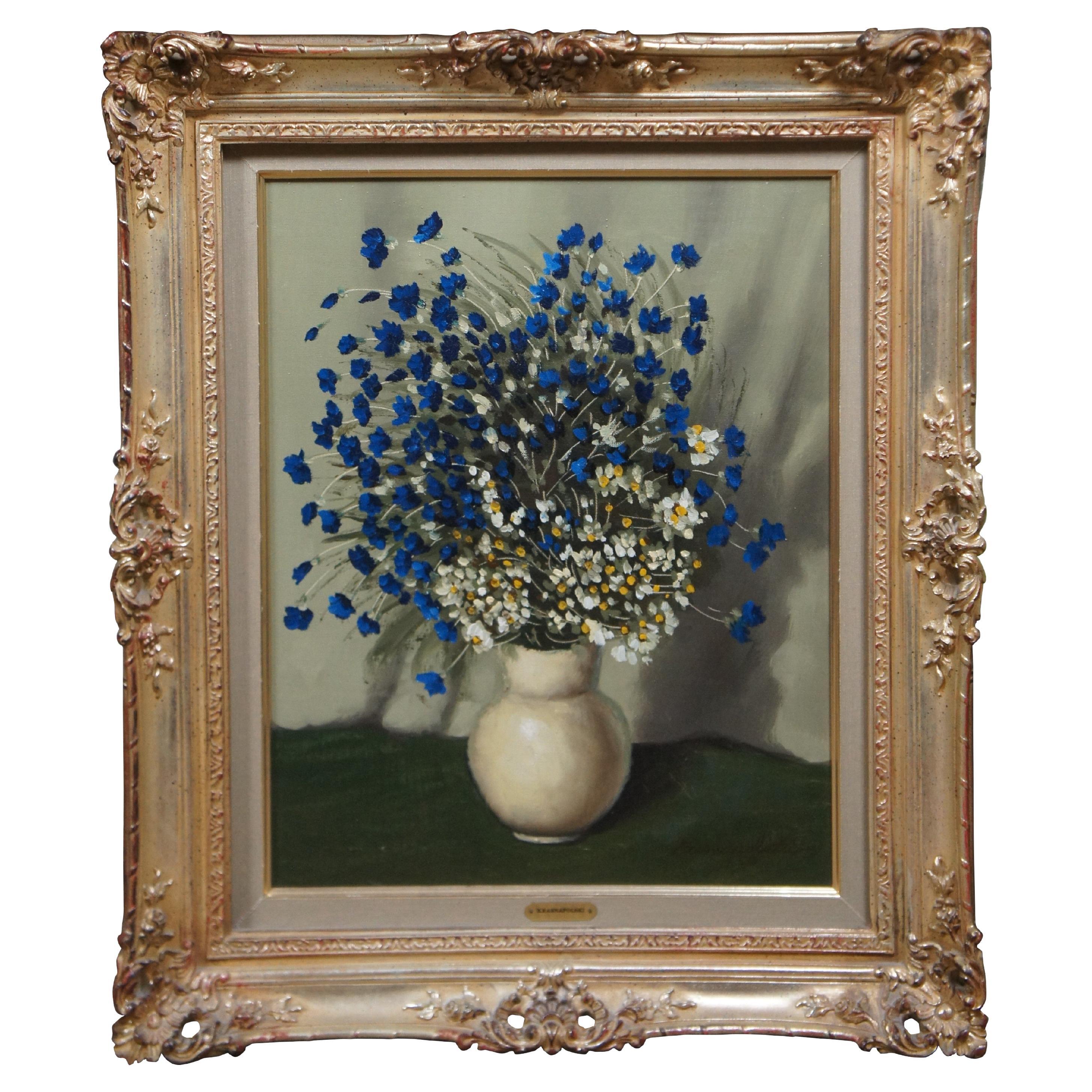 Stanley Krasnapolski Polish Blue White Floral Still Life Oil Painting 27"
