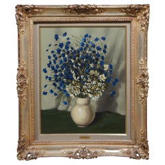 Stanley Krasnapolski Polish Blue White Floral Still Life Oil Painting 27"