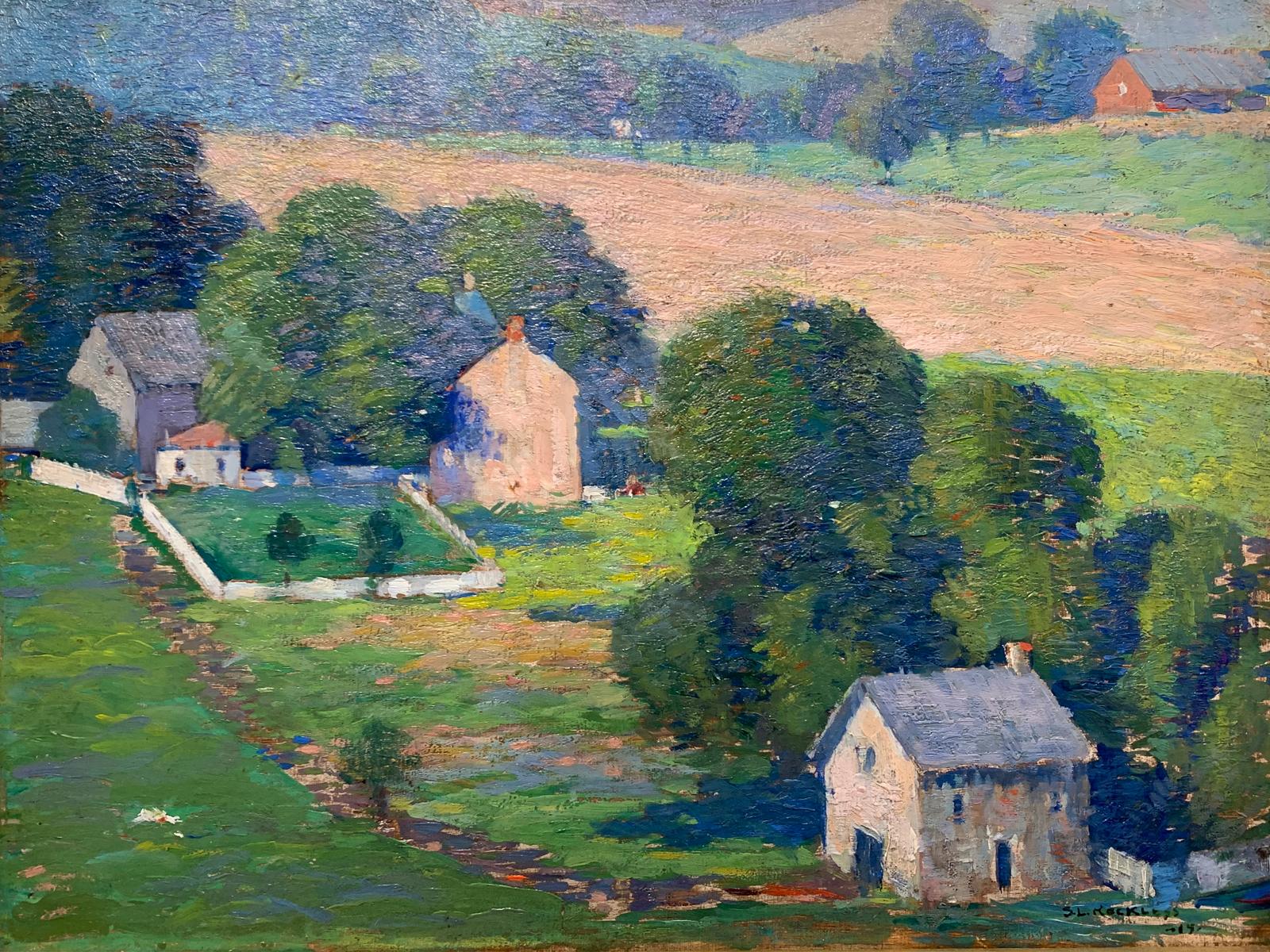 Raven Rock, NJ, Pennsylvania Impressionist Landscape with Houses, Delaware River - Painting by Stanley L. Reckless