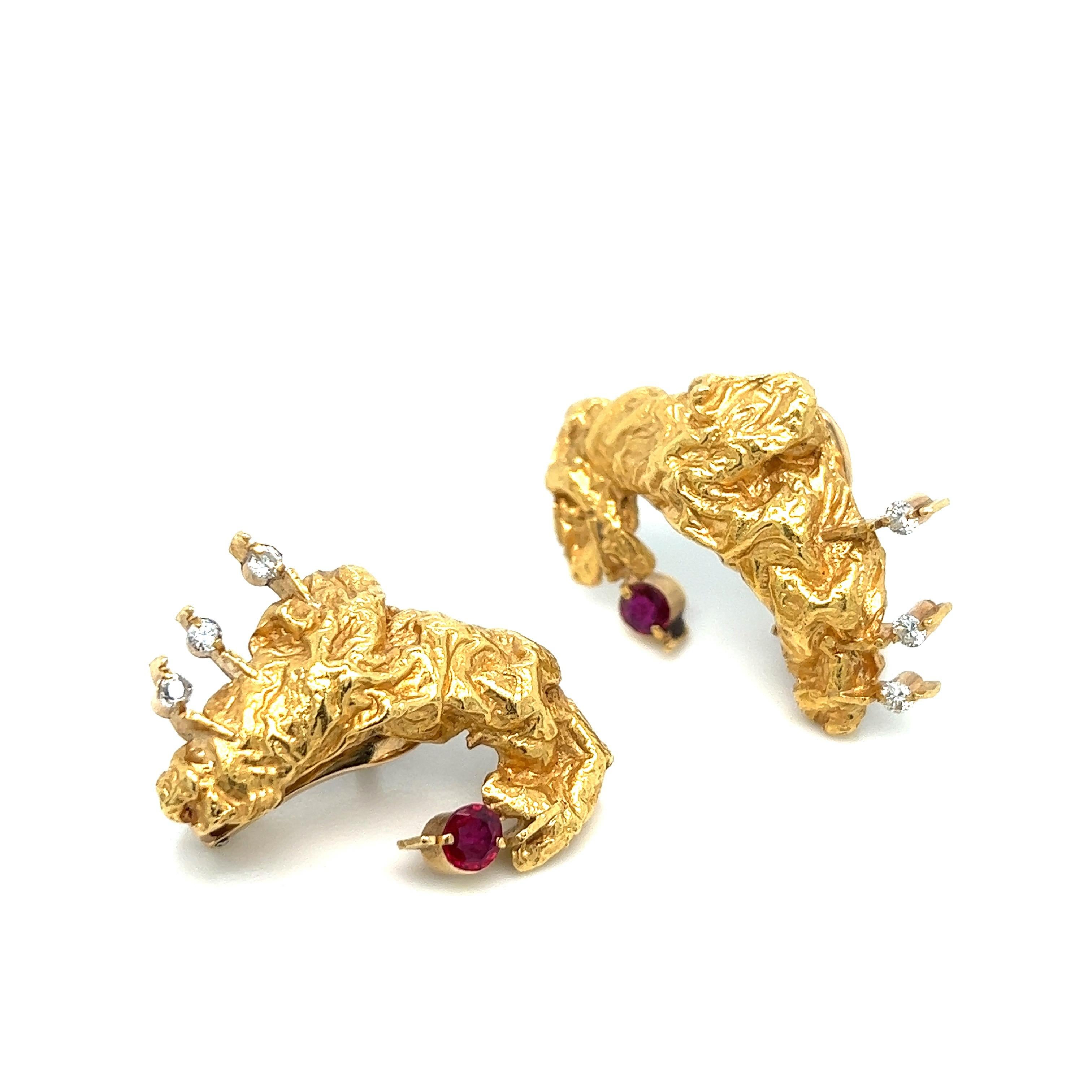 Round Cut Stanley Lechtzin Gold Ruby Diamond Ear Clips For Sale
