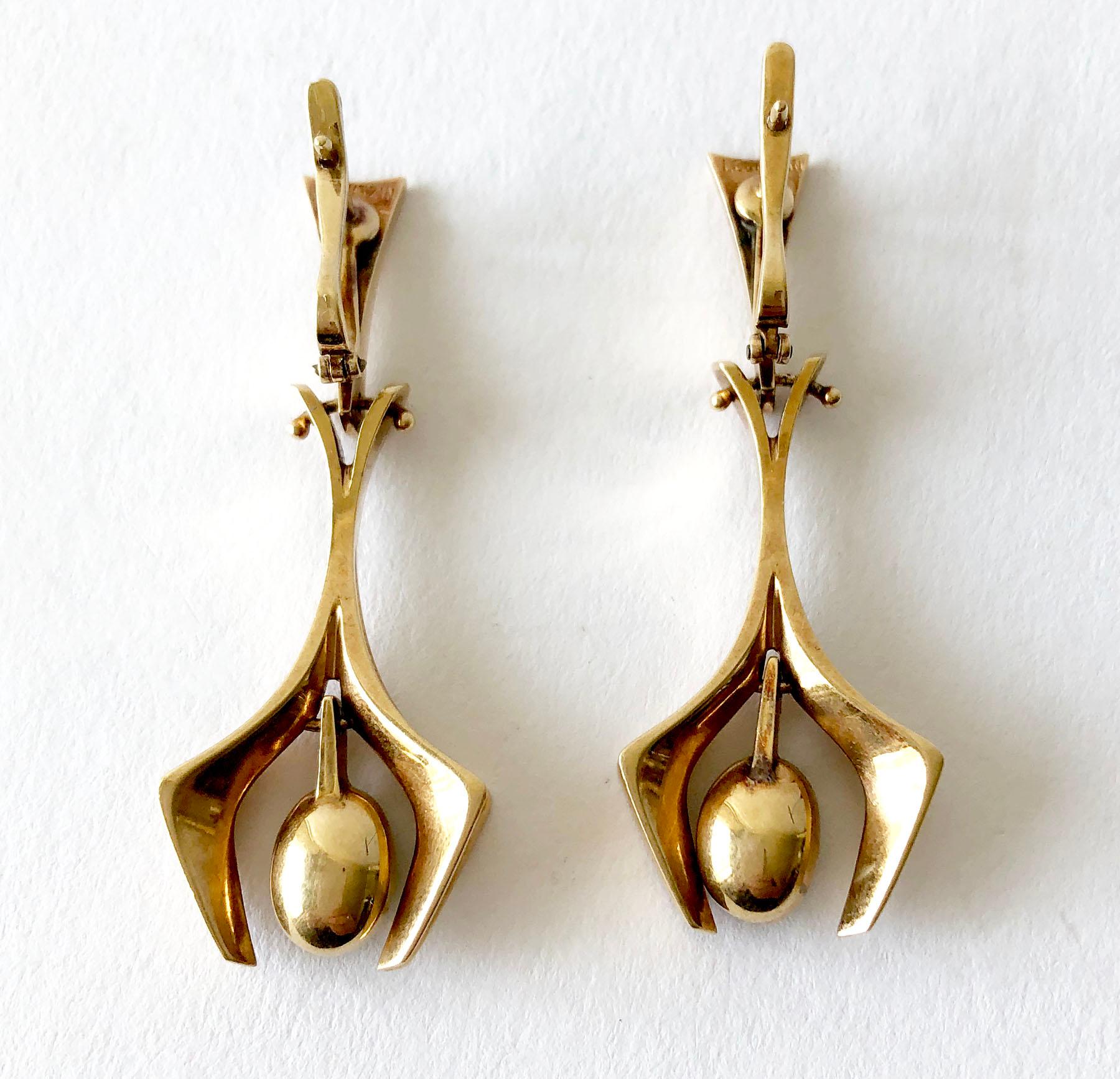 Women's Stanley Lecthzin Gold Jade American Modernist Earrings